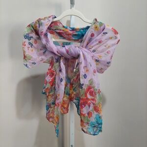 Floral Mesh Scarf Lavender Purple Sheer Lightweight Flower Print Cottagecore Y2K
